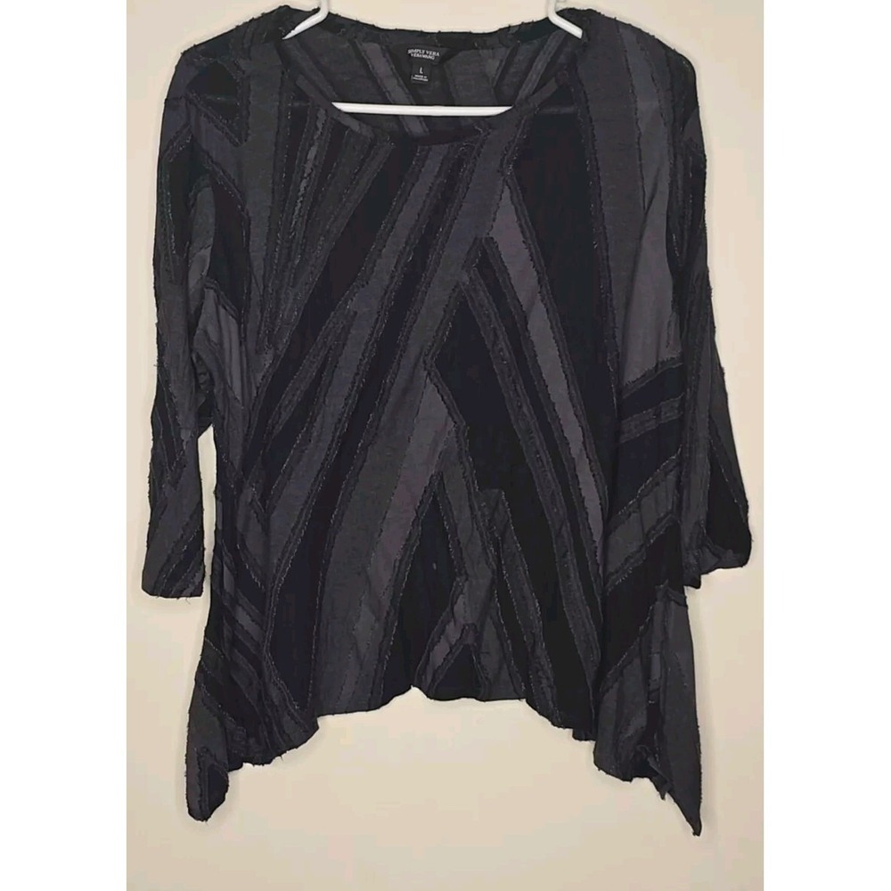 Simply Vera Wang Women's Top Large‎ Black Charcoal 3/4 Sleeve Asymmetrical Hem